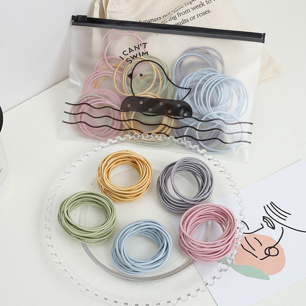 Set 100 dây buộc tóc nữ nhiều màu kèm túi Zip, Chun buộc tóc, Dây buộc tóc, Cột tóc nhiều màu, Tuancua