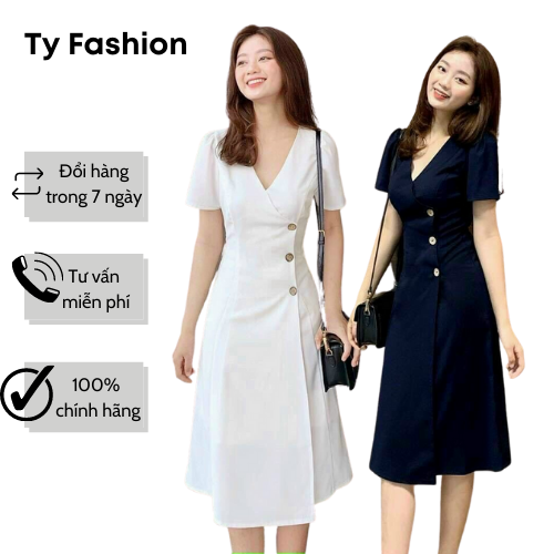 Đầm công sở cổ V phối nút Tyfashion phù hợp đi làm đi chơi