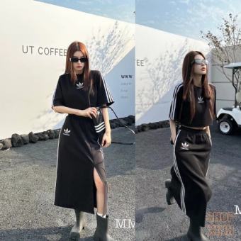 Set Áo croptop adidas chân váy xẻ, Set bộ adidas logo thêu nổi túi dọc xẻ gấᴜ phong cách Hàn Quốc