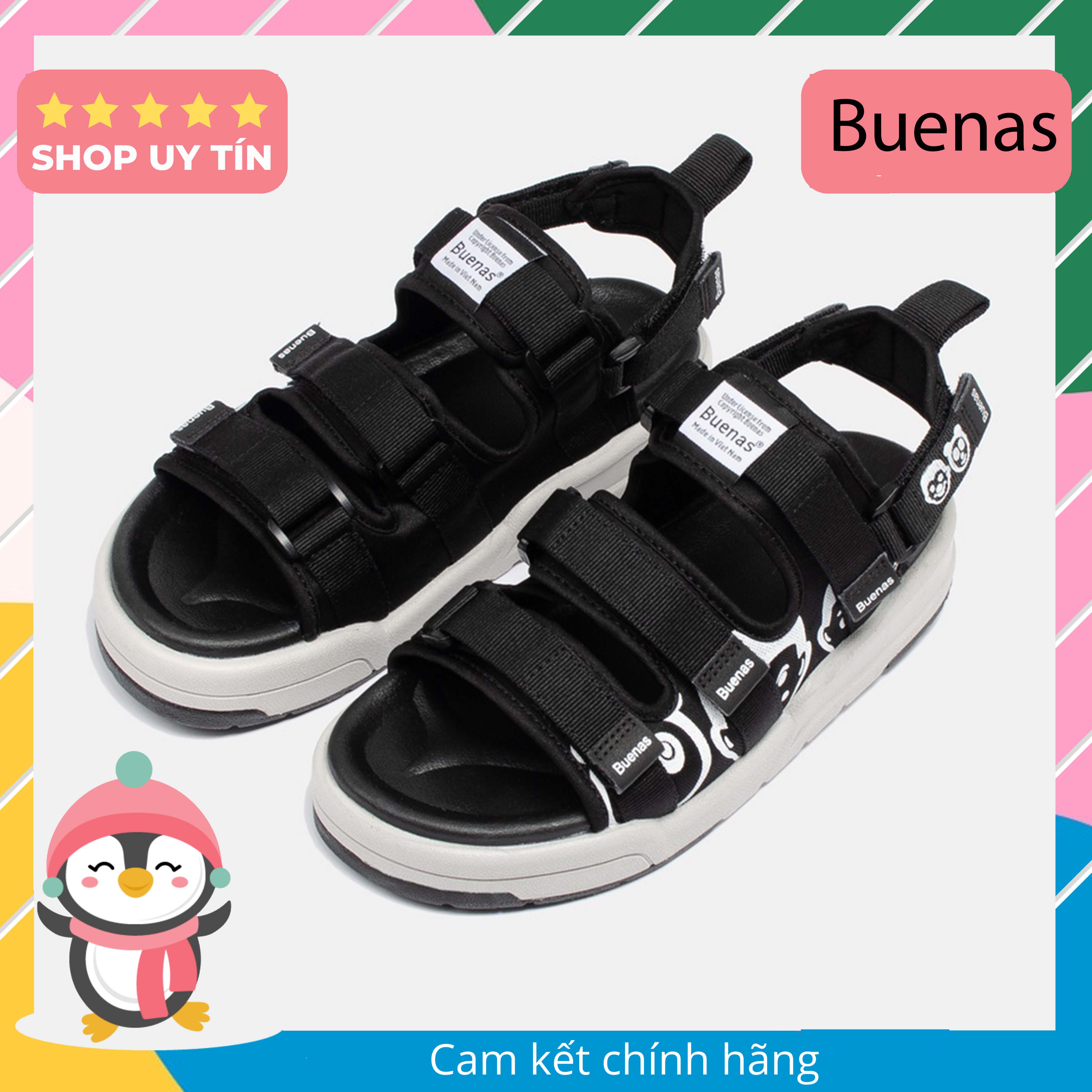 Sandal nam nữ đi học Buenas SD-6868 - đen ghi - giày dép sandal học sinh đế cao 3 phân chính hãng giá rẽ