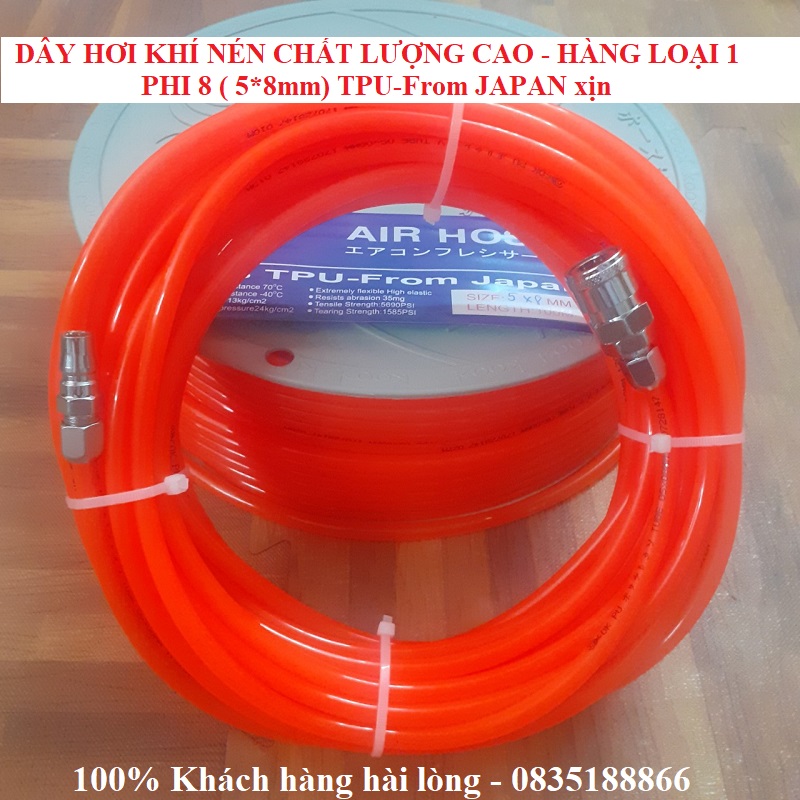 20 Mét Dây hơi máy nén khí Phi 8 (5*8mm) Hàng chất lượng cao Pu-JaPan Kèm bộ Khớp nối nhanh