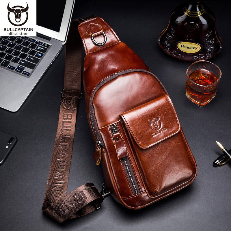  BULLCAPTAIN Mobile Burglar Shoulder Messenger Bag Men's Leather Chest Bag 