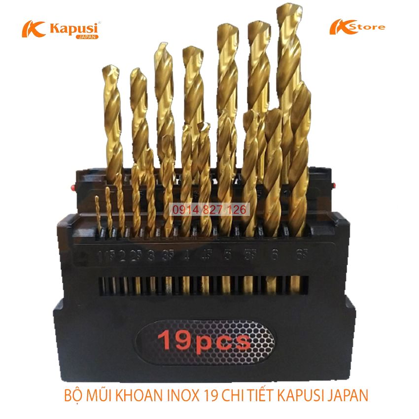 [Ảnh thật] [Chính hãng] Bộ Mũi khoan inox hãng Kapusi Nhật Bản các 6 chi tiết và bộ 19 chi tiết gồm các cỡ thông dụng từ 1mm - 10mm, mũi khoan sắt, mui khoan hss