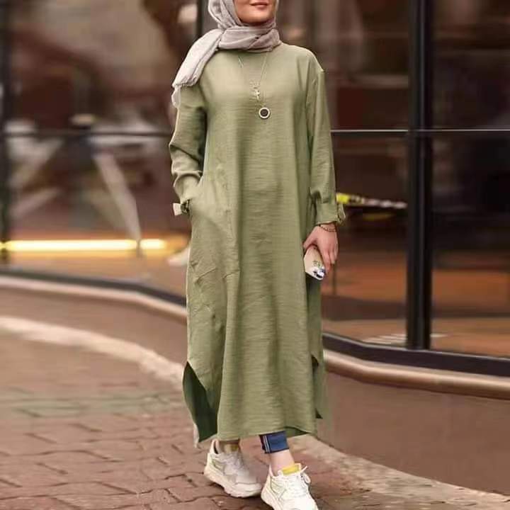 QueenFashion Elegant Long Sleeve Abaya Muslim Dress