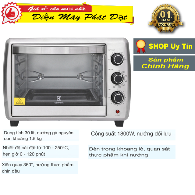 Lò nướng Electrolux EOT30MXC 30 lít hàng trưng bày như mới chính hãng 100% Loại lò nướng: Lò nướng thùng Dung tích: 30 lít Công suất, nhiệt độ: 1800 W100 - 250 độ C Chất liệu lò: Khoang lò bằng thép không gỉ Chức năng chính: