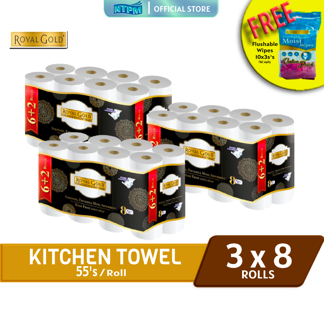 Royal Gold Kitchen Towel (55 sheets x 8 Rolls) x 3Pk - FREE Royal Gold Flushable Wipes (10'sx3)