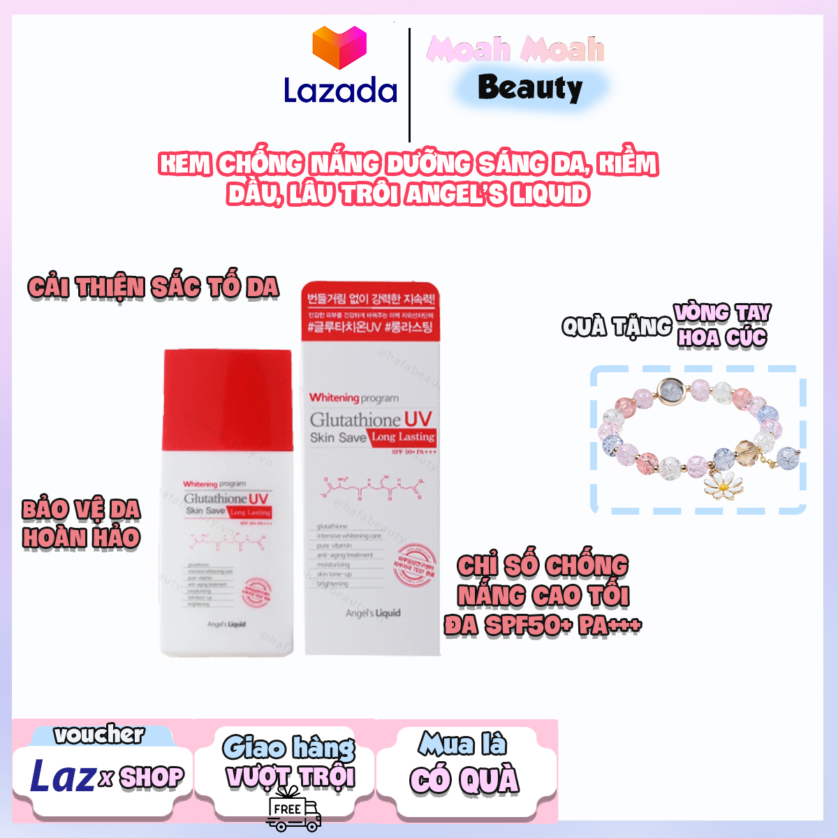 Kem chống nắng dưỡng sáng da, kiềm dầu, lâu trôi angel’s liquid whitening program glutathione uv skin save long lasting spf50+ pa+++