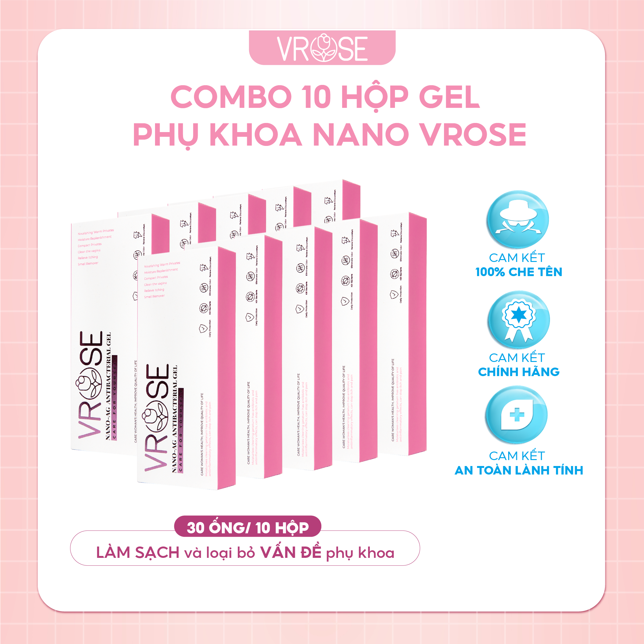 Combo 10 hộp gel phụ khoa nano Vrose làm sạch vùng kín