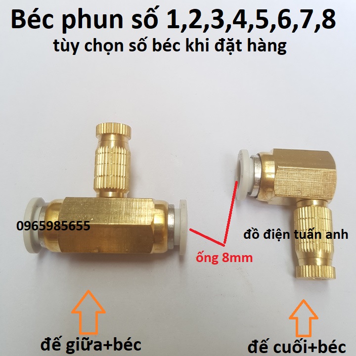 Béc phun sương làm mát bằng đồng kết nối ống 8mm, béc phun sương tạo ẩm không khí tưới lan