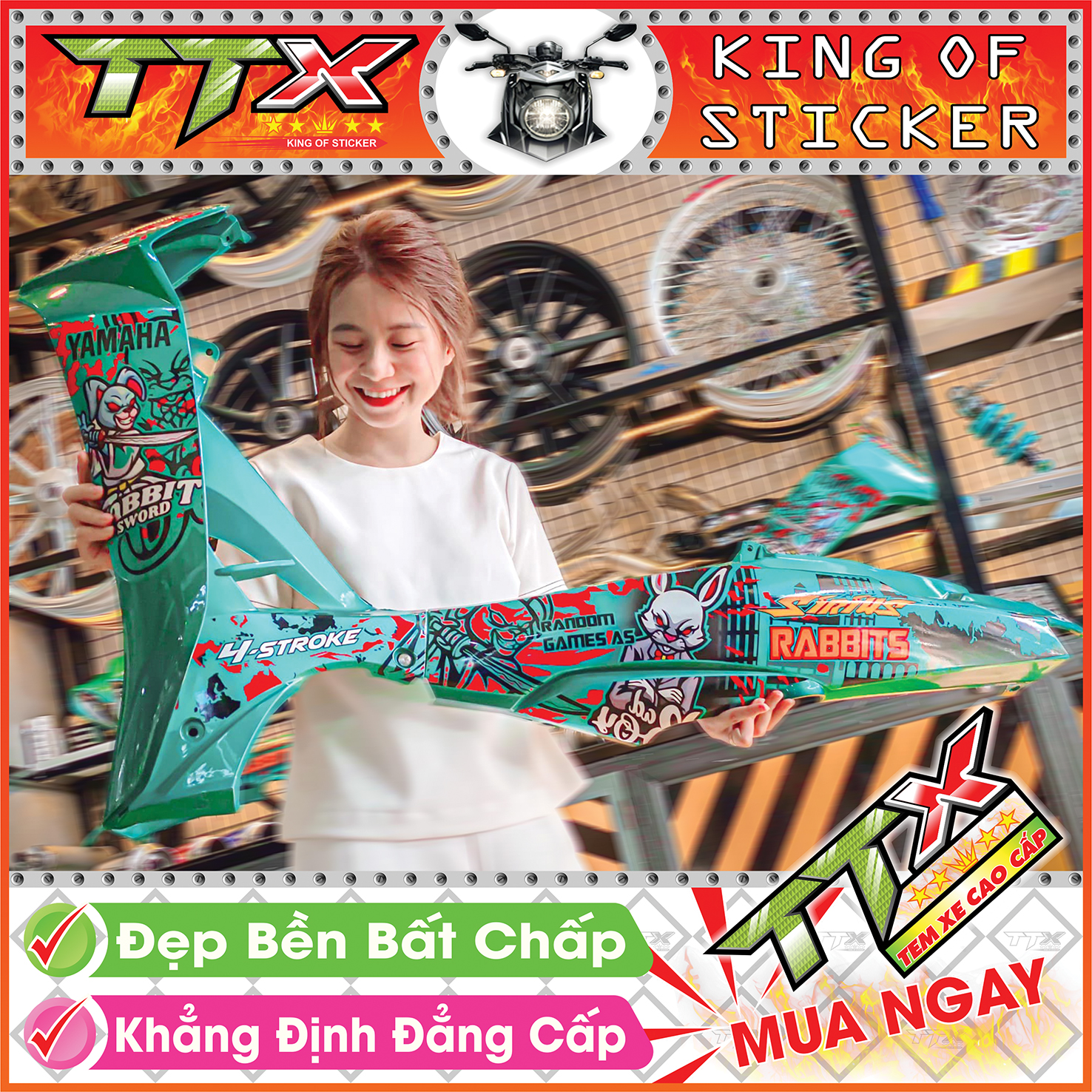 Tem sirius thỏ rabbits , Tem xe phụ kiện sirius màu xanh siêu đẹp , Shop TTX Team chế sirius