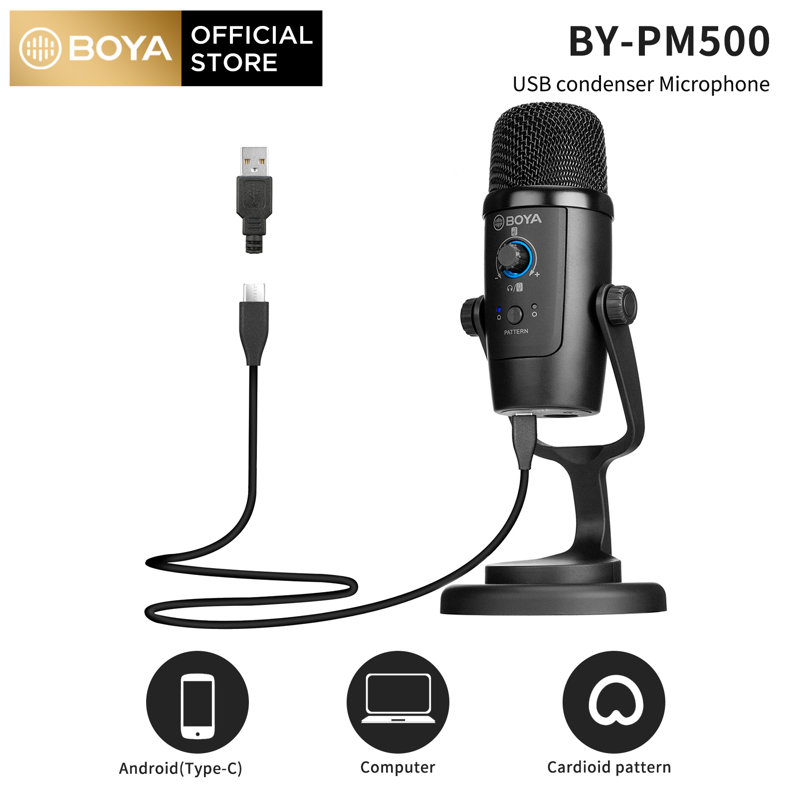 Boya micro ngưng tụ usb by-pm500, micro phòng thu hội nghị video âm thanh podcast cho máy vi tính máy tính xách tay skype msn karaoke hội nghị âm nhạc