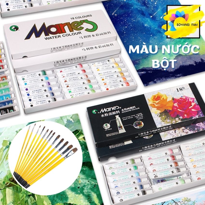 Màu vẽ, màu bột pha sẵn marie's, màu nước, sơn nước bột màu marley, bộ cọ vẽ cao cấp -sohanei fam -marie's gouache colour
