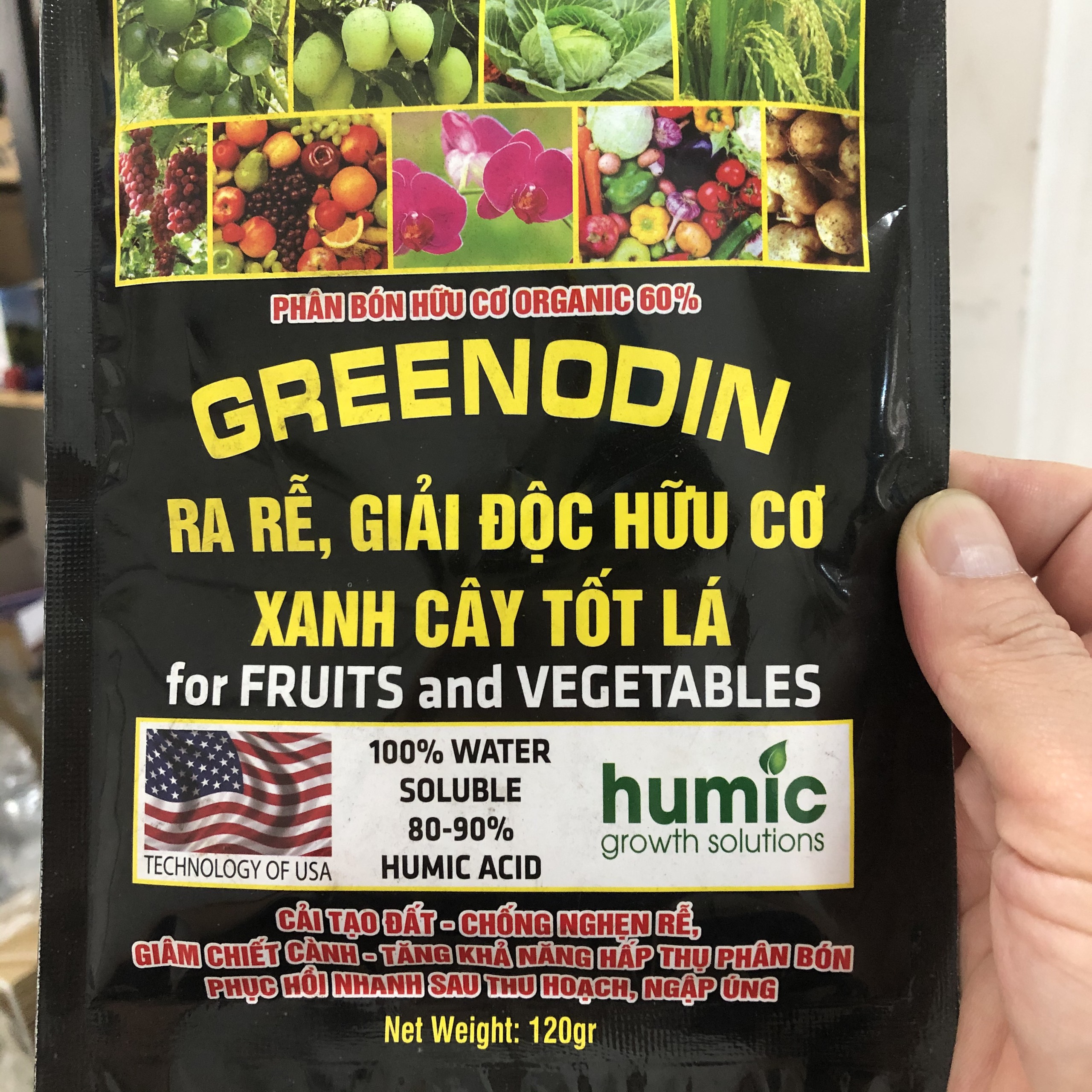Phân bón hữu cơ Acid Humic 120gr; Kích ra rễ, giải độc hữu cơ, xanh cây tốt lá, cải tạo đất, chống nghẹt rễ, tăng khả năng hấp thụ phân bón, phục hồi cây sau thu hoạch, ngập úng