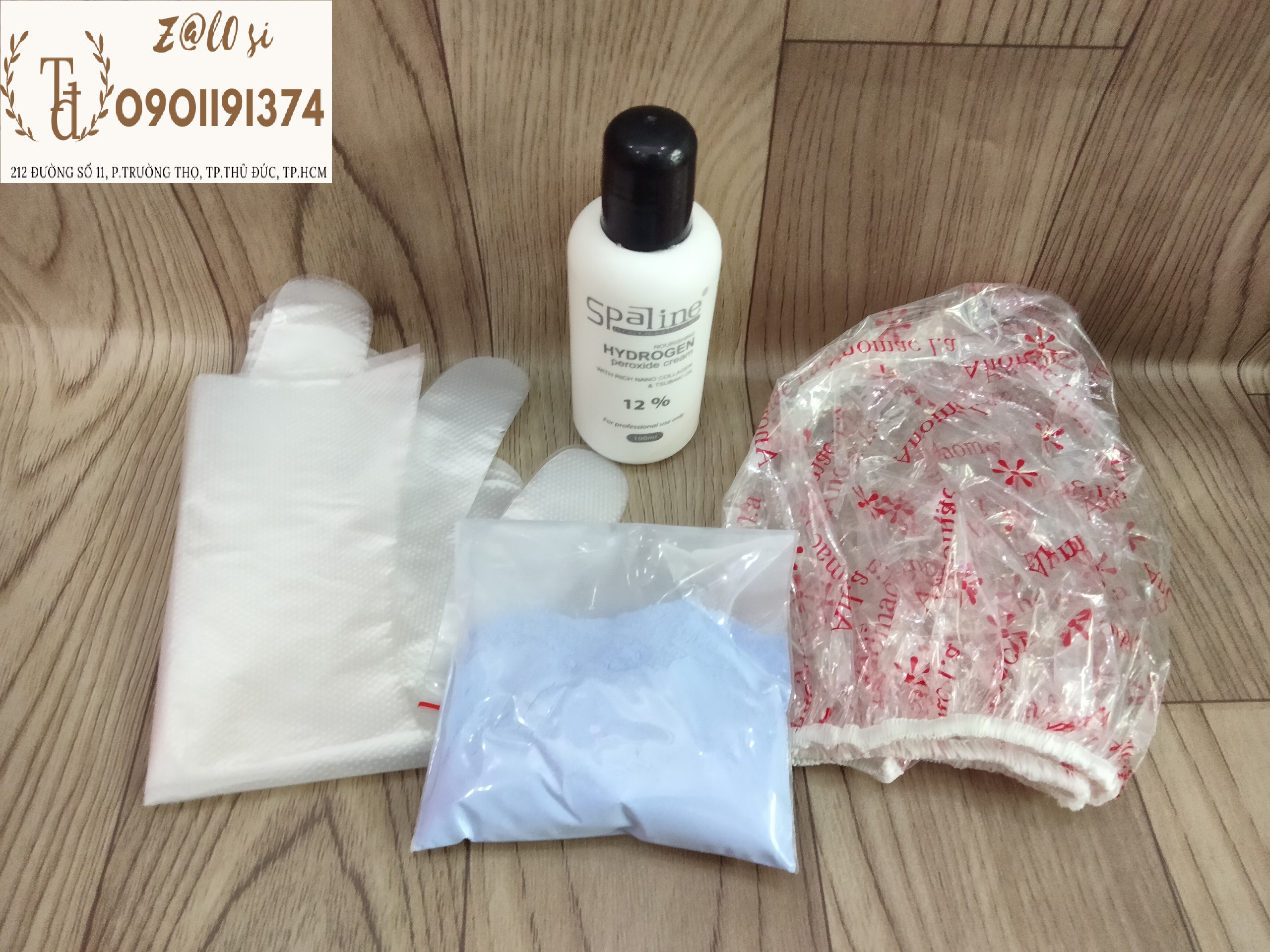 Combo 100gr Bột tẩy, 100ml oxy, bao tay, nón trùm mỏng