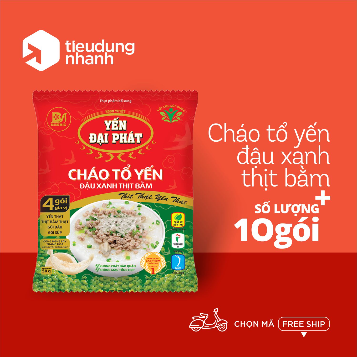 Cháo Tổ Yến Đậu Xanh Thịt Bằm, Thịt Thật, Yến Thật, 4 gói gia vị ăn liền tiện lợi thơm ngon bổ dưỡng - tiêu dùng nhanh cháo ăn liền