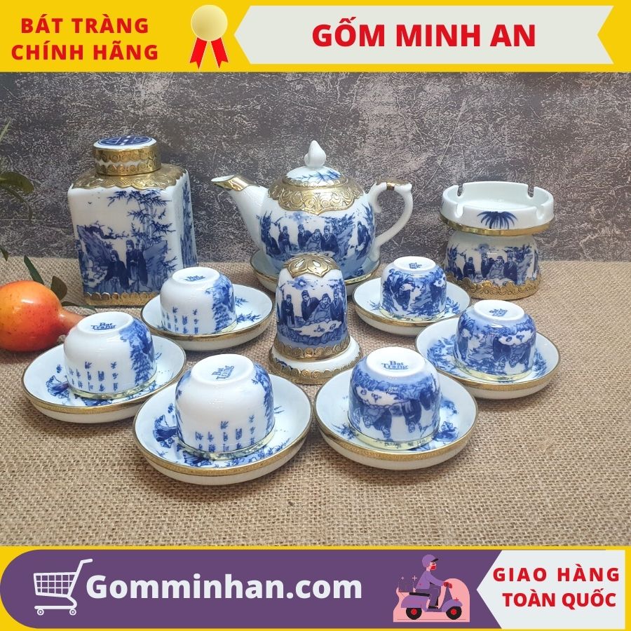 Bộ ấm chén sứ Bộ Trà Sứ chóp lửa bọc đồng men lam vẽ Trúc Lâm Thất Hiền Gốm Sứ Bát tràng- gốm Minh Andung tích 400ml-Âm chén đẹp