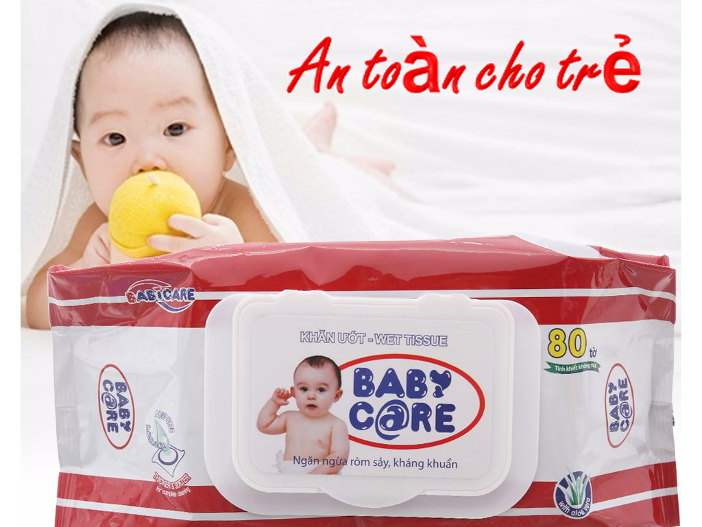 Khăn ướt em bé Baby Care gói 80 miếng với thành phần tự nhiên mềm mại, không xơ, không làm nhớt da khi lau