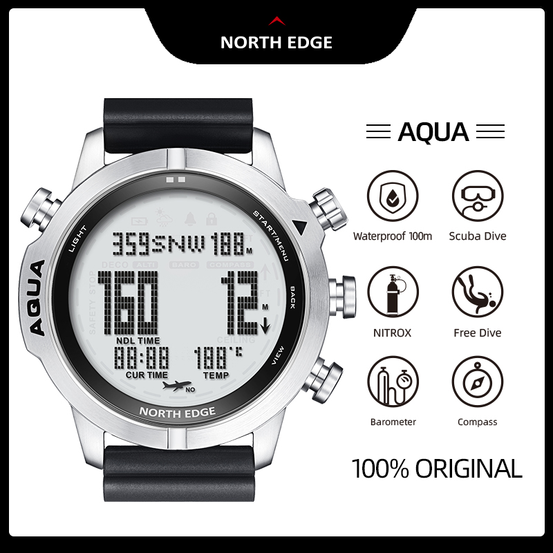 NORTH EDGE AQUA Original Men's Professional Diving Computer Watch Swimming Watch Scuba Diving Free Diving Waterproof 100Meter Altimeter Barometer Compass Outdoor Mountaineering Watch