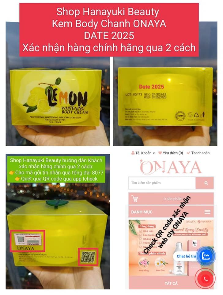 Kem Body Chanh Body Lemon Vitamin kích trắng - Lemon Whiteing Body Cream Onaya 250ml
