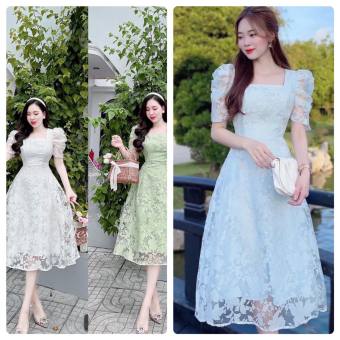 Đầm thiết kế, váy trắng Xanh dự tiệc dáng xòe tay bồng tiểu thư xinh xắn