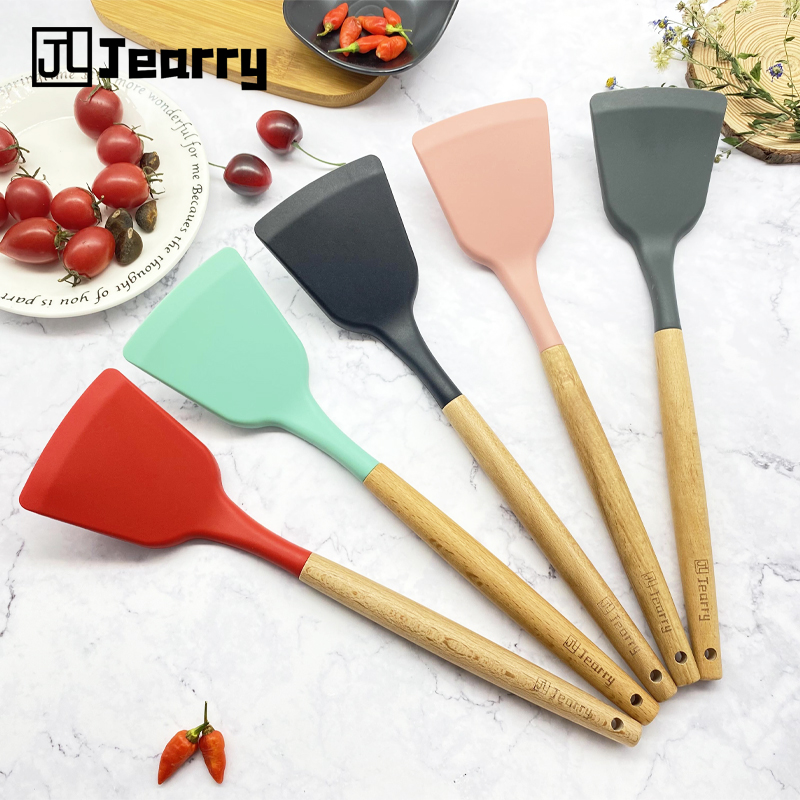 Gambar Jearry Wooden Handle Spatula Heat Resistant Food Grade Silicone Kitchen Utensils
