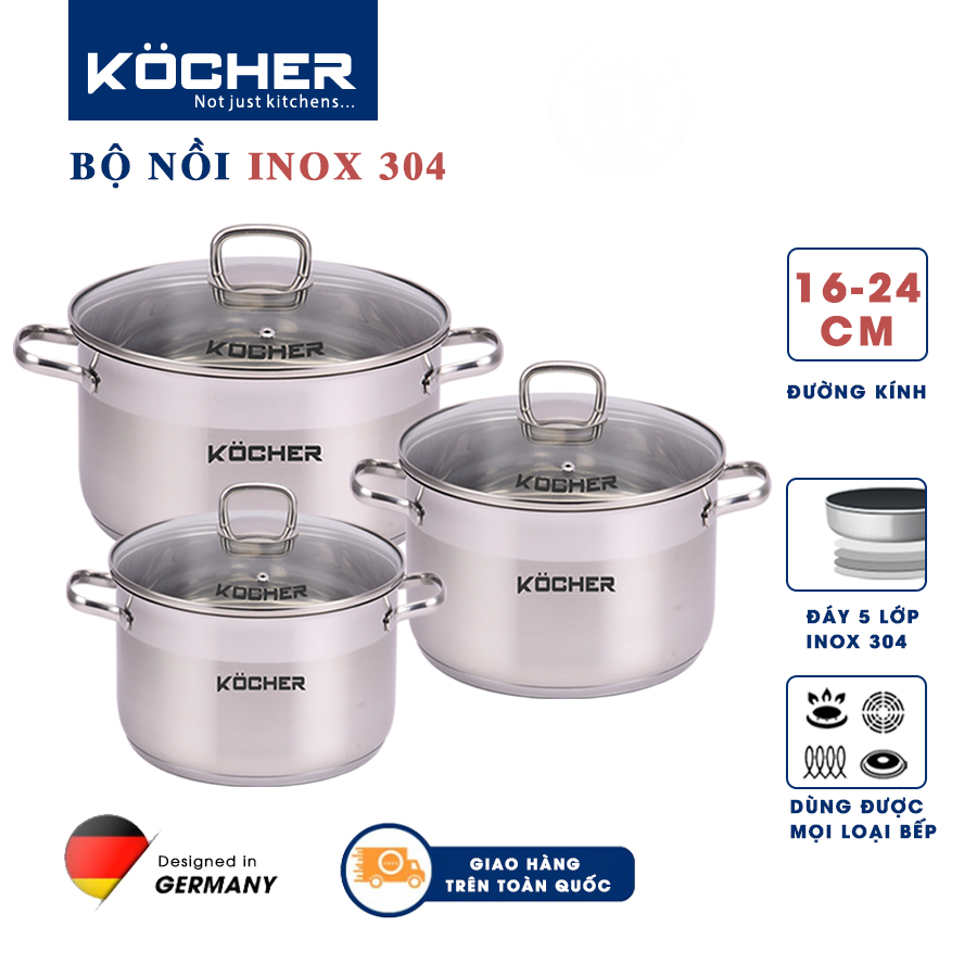 Bộ 3 nồi inox 5 đáy kocher size 16cm, 20cm, 24cm hàng cao cấp dùng cho bếp từ
