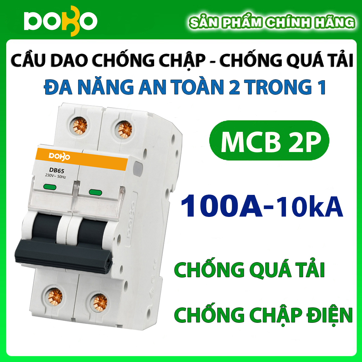 [HÀNG CHÍNH HÃNG]  Cầu Dao Tự Động MCB DOBO KOREA 2P 100A 10kA Loại Tốt CHỐNG CHẬP - CHỐNG QUÁ TẢI SIÊU NHẠY ( Aptomat chống chập)