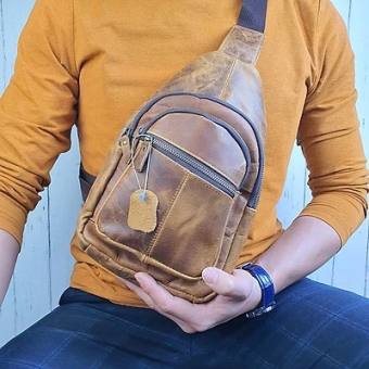 Túi đeo chéo nam da bò sáp; Túi đeo ngực nam da thật (Vàng bò) - 100% da bò thật