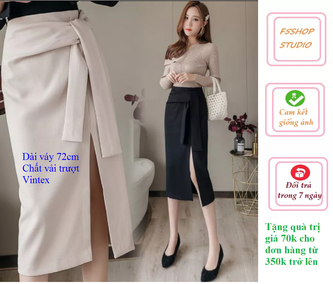 Chân váy bút chì công sở, chân váy xẻ tà dáng dài cột nơ cao cấp F5shop Studio