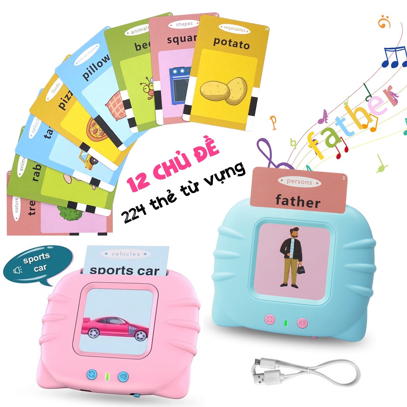 Máy đọc thẻ flashcard tiếng anh dành cho trẻ em gồm 224 từ vựng không có sóng điện từ