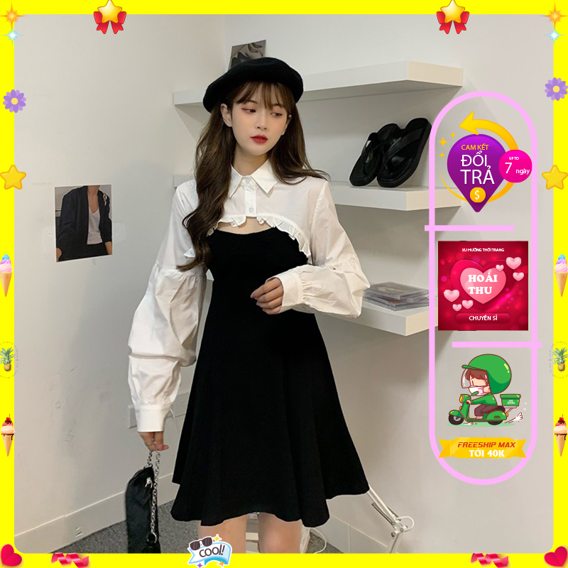 Sét áo croptop sơ mi bèo trắng dài tay mix váy 2 dây xòe thời trang CRP