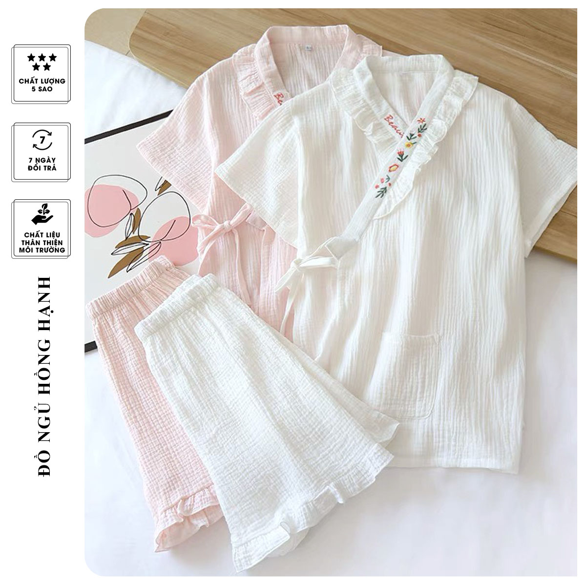 Bộ ngủ nữ mùa hè, Bộ đùi Xô Muslin cộc tay cách điệu TH09