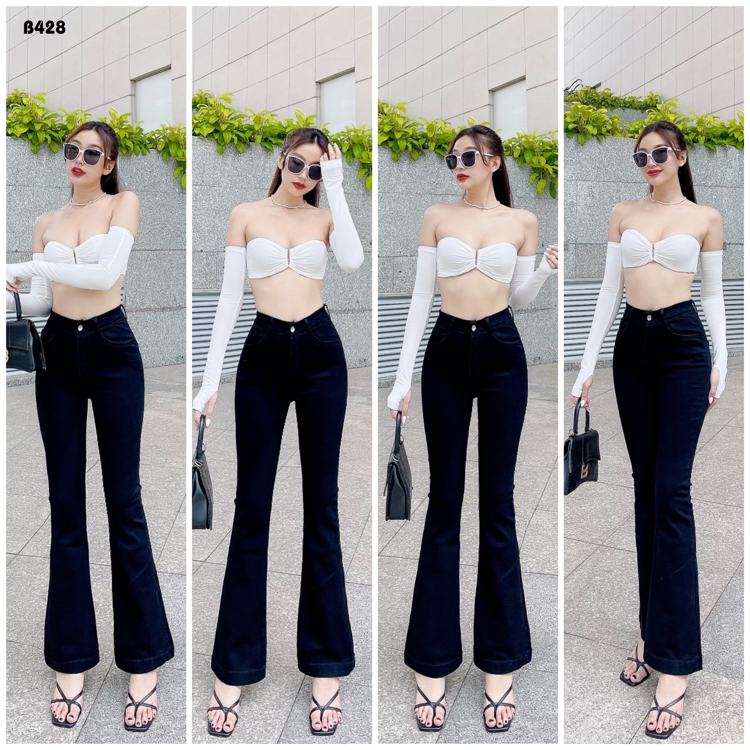Quần jean nữ loe lưng cao màu đen chất jean mềm co giãn B428