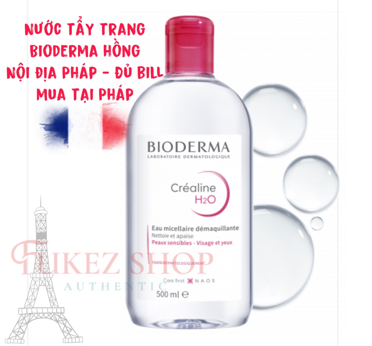 Nước tẩy trang nội địa Pháp Bioderma Créaline H2O màu hồng 500ML - Bill mua tại Pháp