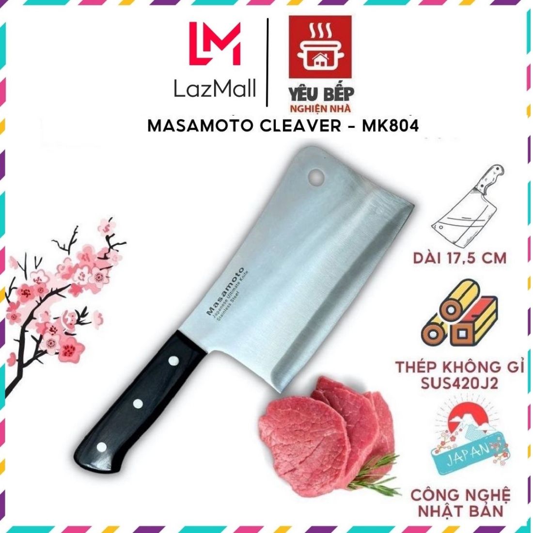 Dao chặt xương thịt, chặt gà Masamoto MK804 cán gỗ Paka đen thép Nhật không gỉ cao cấp