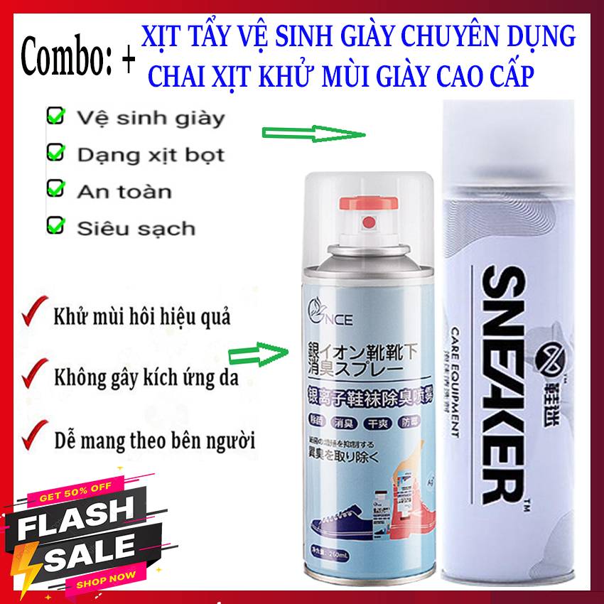 Combo Chai xịt tạo bọt vệ sinh giày Sneaker và Chai xịt khử mùi giày nano bạc cao cấp, Làm sạch nhanh, khử mùi, kháng khuẩn và lưu hương thơm lên tới 24h
