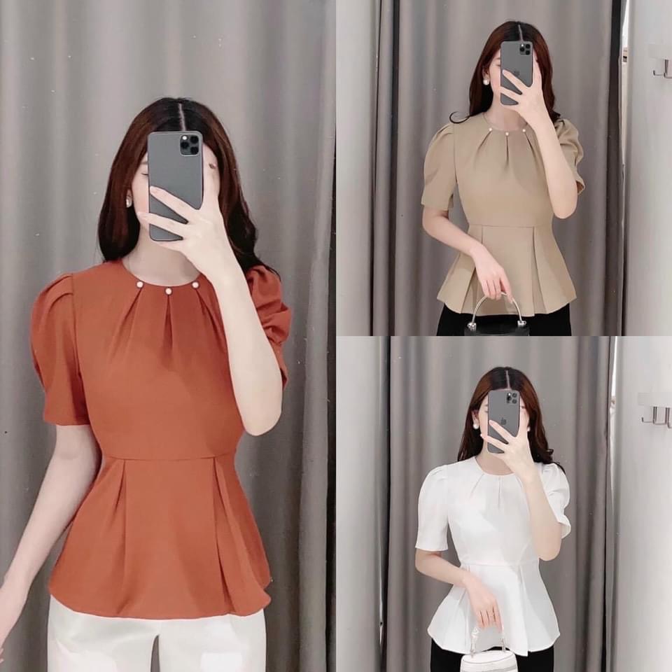 Áo kiểu cổ tròn xếp ly kết ngọc trai phong cách mới eo xếp ly dễ dàng phối quần hoạc váy