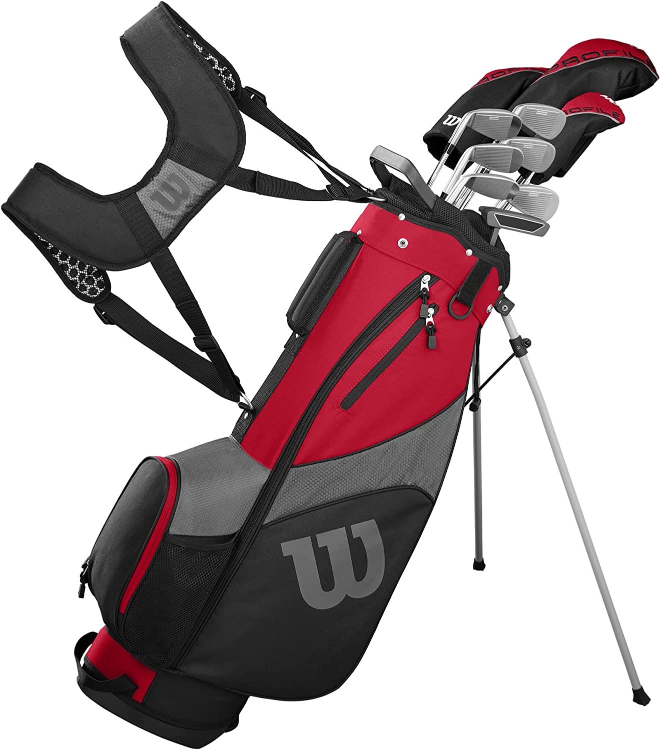 Wilson Golf Profile SGI Kompletny męski zestaw kijków golfowych. Sterownik z wałem grafitowym, drewno wodne z wałem grafitowym, hybrydowy ze stalowym wałem, żelazka ze stali nierdzewnej 6/7/8/9, klin skośny, klin piaskowy Easy Launch ze stalowymi wałami, putter. PRAWORĘCZNY