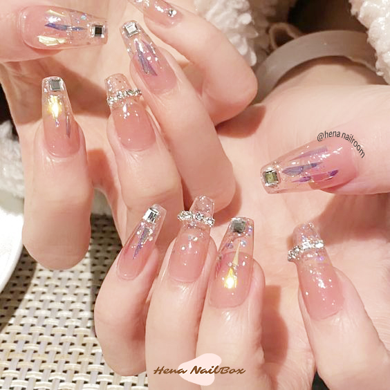Nailbox cô dâu, mẫu thạch nude đính đá lấp lnhas và ẩn giấy aurora - hàng y hình