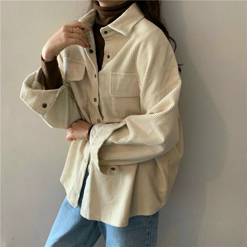 [FreeShip 2023] Áo khoác nhẹ nữ phong cách Hàn Quốc, áo khoác nhung tăm, áo sơ mi kiểu nữ form rộng làm khoác nhẹ, áo khoác sơ mi cài nút đơn giản