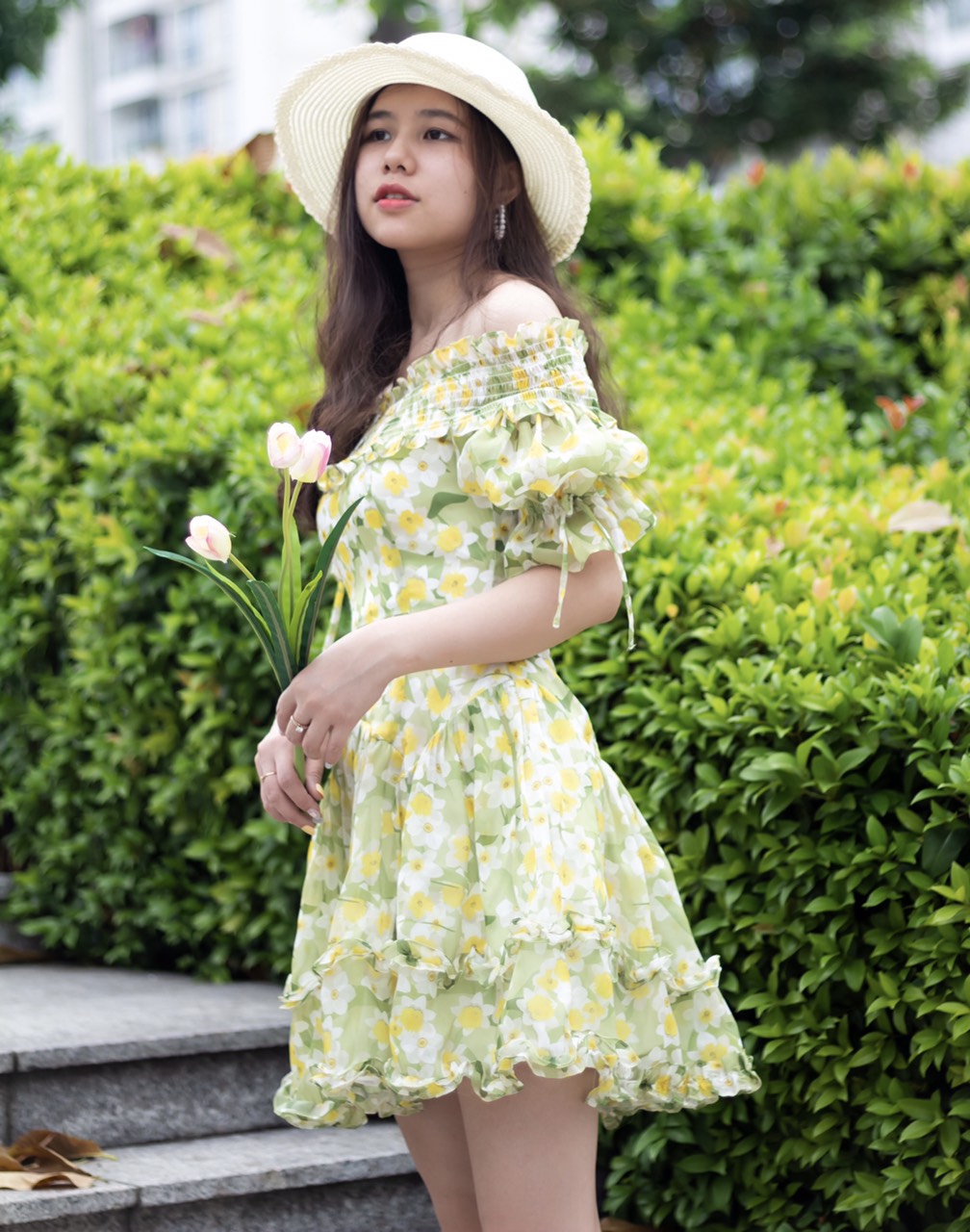 Váy nữ thiết kế hoa dáng xòe Olésia Studio - Katherine dress trễ vai vải voan cao cấp