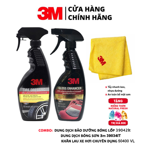 Combo Chai xịt bảo dưỡng lốp+ Chai xịt tăng độ bóng sơn+Khăn lau xe hơi chuyên dụng 3M 50400
