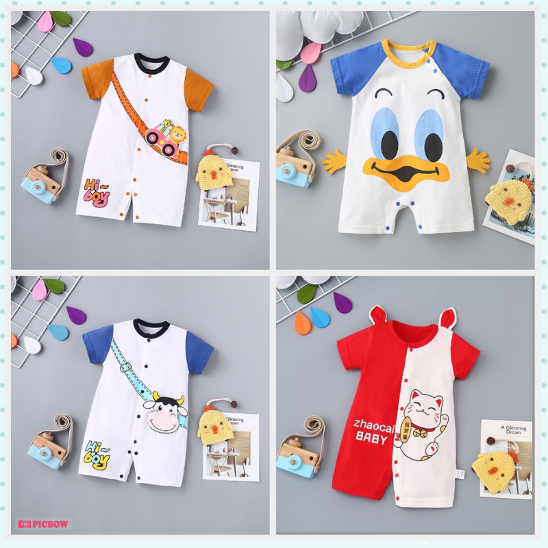[ COTTON MÁT ] Body thú cộc tay  kèm mũ họa tiết dễ thương vải cotton mềm mịn cho bé từ 4kg - 14kg