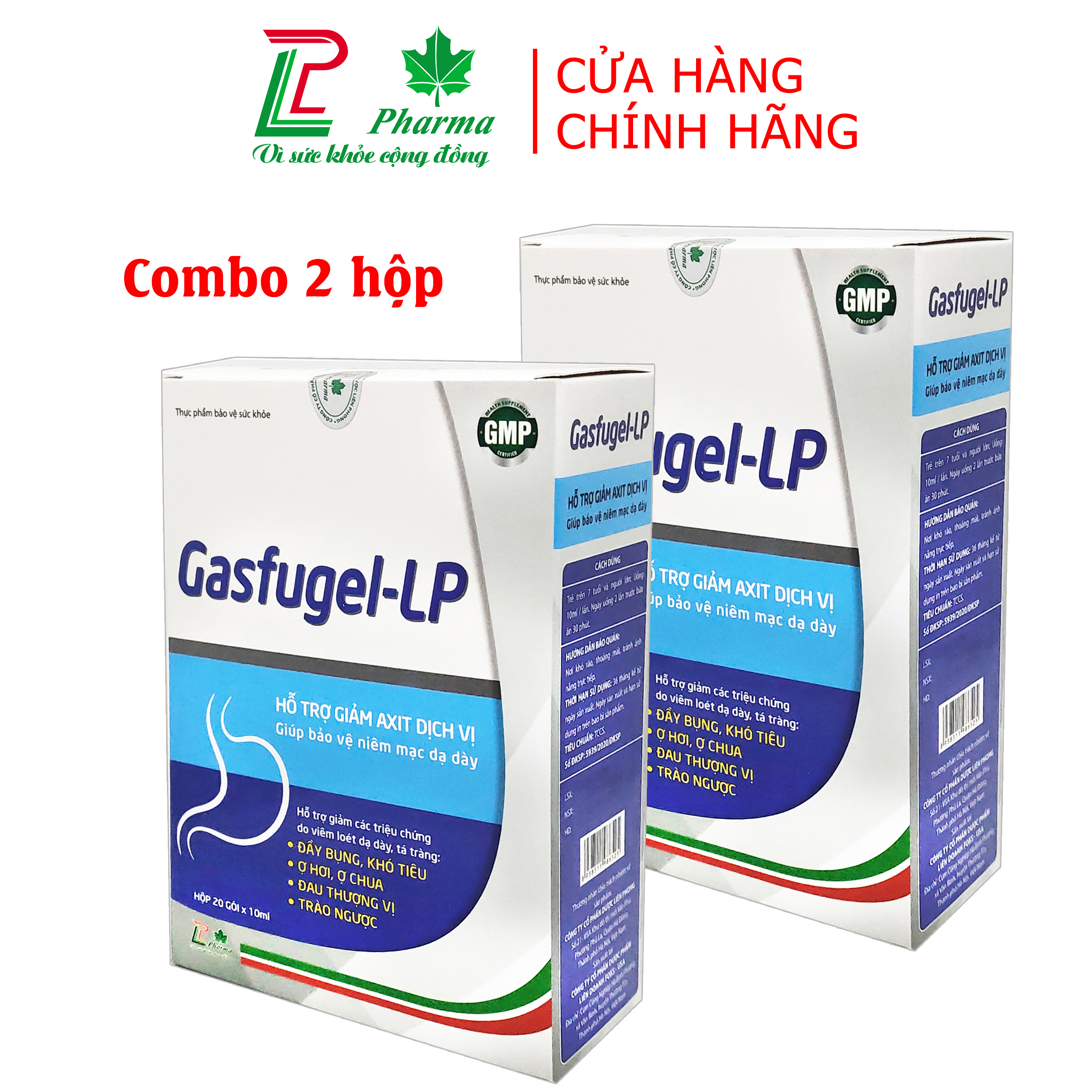 Combo 2 hộp Gel giảm đau dạ dày Gasfugel LP - giúp giảm ợ hơi, đầy bụng, trào ngược thực quản hiệu quả - Hộp 20 gói