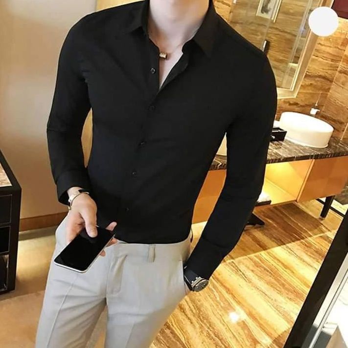 Áo somi nam đen Chất vải lụa mềm mịn thoáng mát không nhăn xù - áo sơ mi nam công sở XÁM STORE92 M15