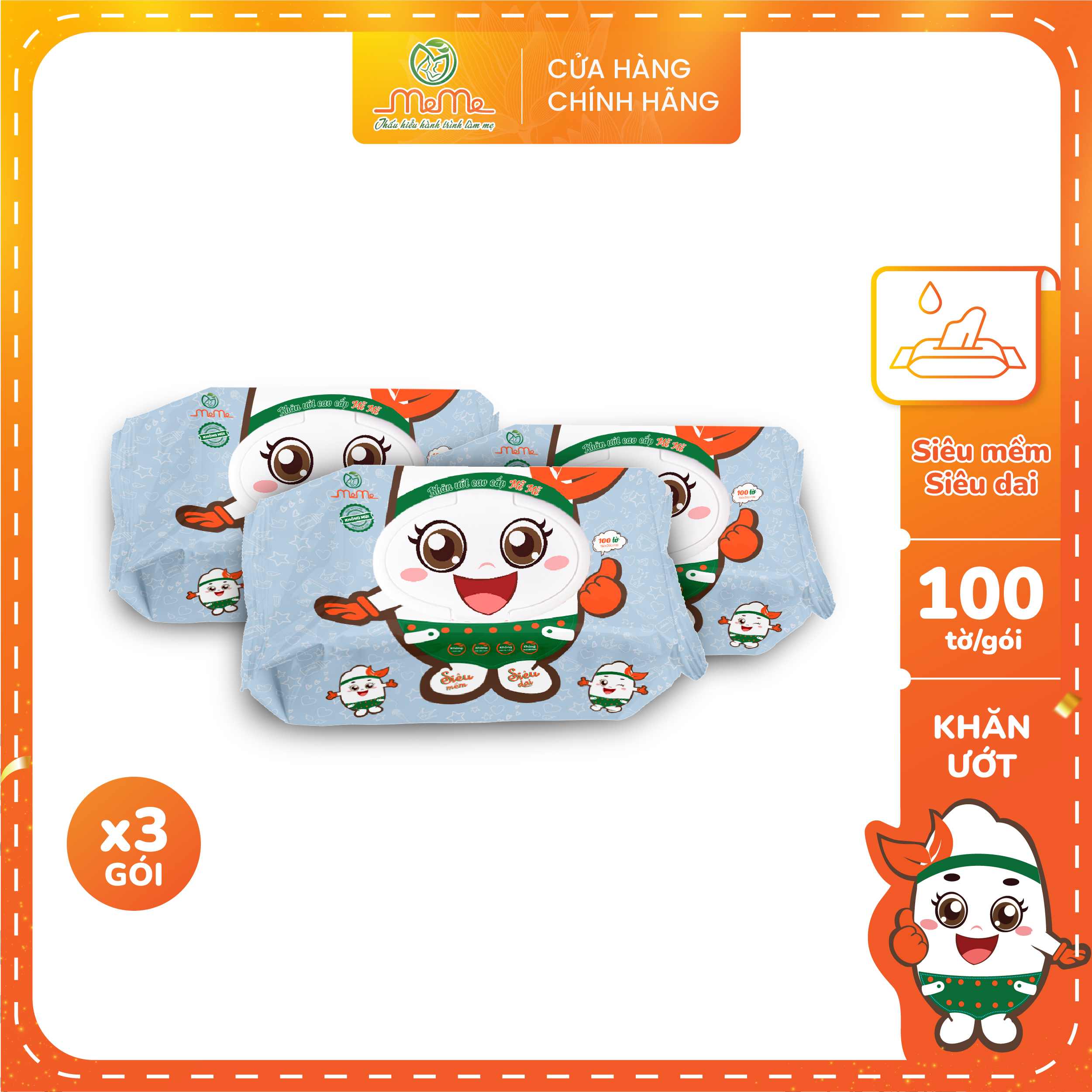 Combo 3 gói khăn ướt mễ mễ không mùi lành tính cho da bé kích thước 15x20cm 100 tờ/1 gói