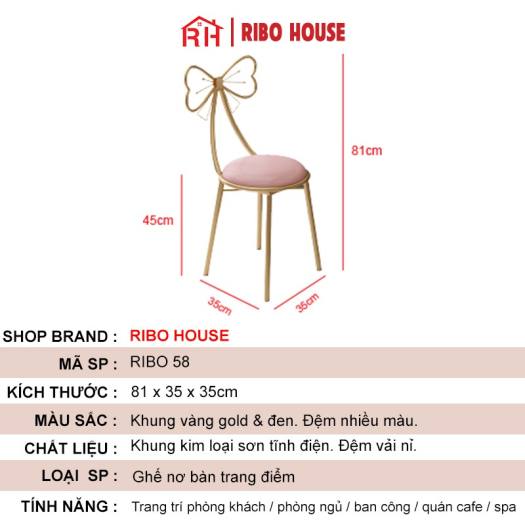 Ghế nơ ngồi trang điểm RIBO HOUSE phong cách hàn quốc khung kim loại chắc chắn bọc nệm cực êm để phòng ngủ hoặc phòng khách màu hồng RIBO40x1