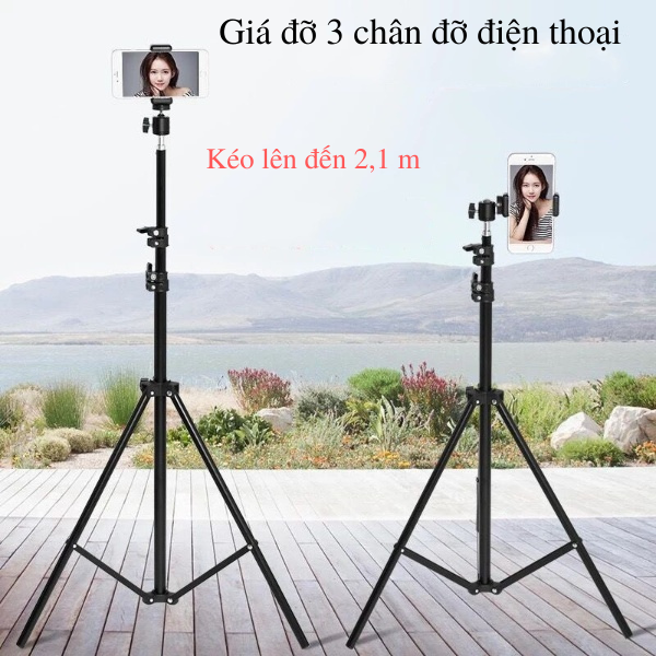 Giá đỡ điện thoại, chân đỡ đèn livestream chụp ảnh quay video tiktok chân bằng sắt cao 2m1