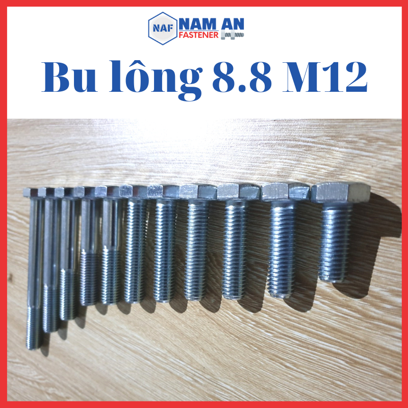 Bulong m12 cấp bền 8.8, bu lông lục giác m12, bu lông 8.8, độ dài: 20->120 mm. màu: đen, vàng, trắng