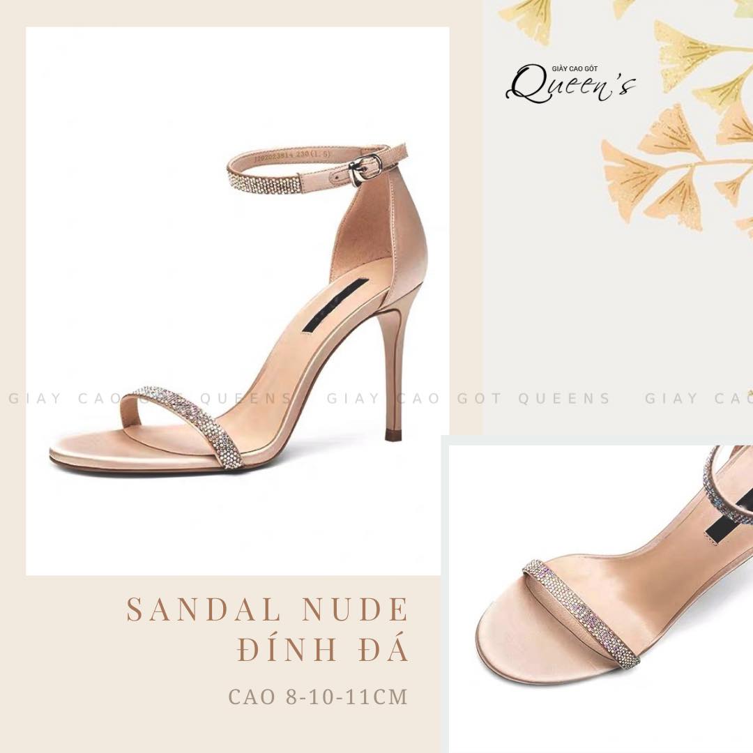 Giày cao gót sandal màu da đính đá hở mũi gót nhọn chất liệu êm chân tôn dáng sang chảnh cho nữ, giày dự tiệc cưới, giày đi làm công sở cao 8-10-11cm - cao cấp bảo hành 1 năm